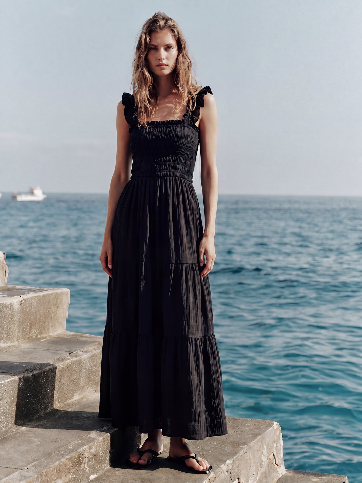 Sleeveless Tiered Gauze Nap A-Line Maxi Sun Dress - SMALL / Black