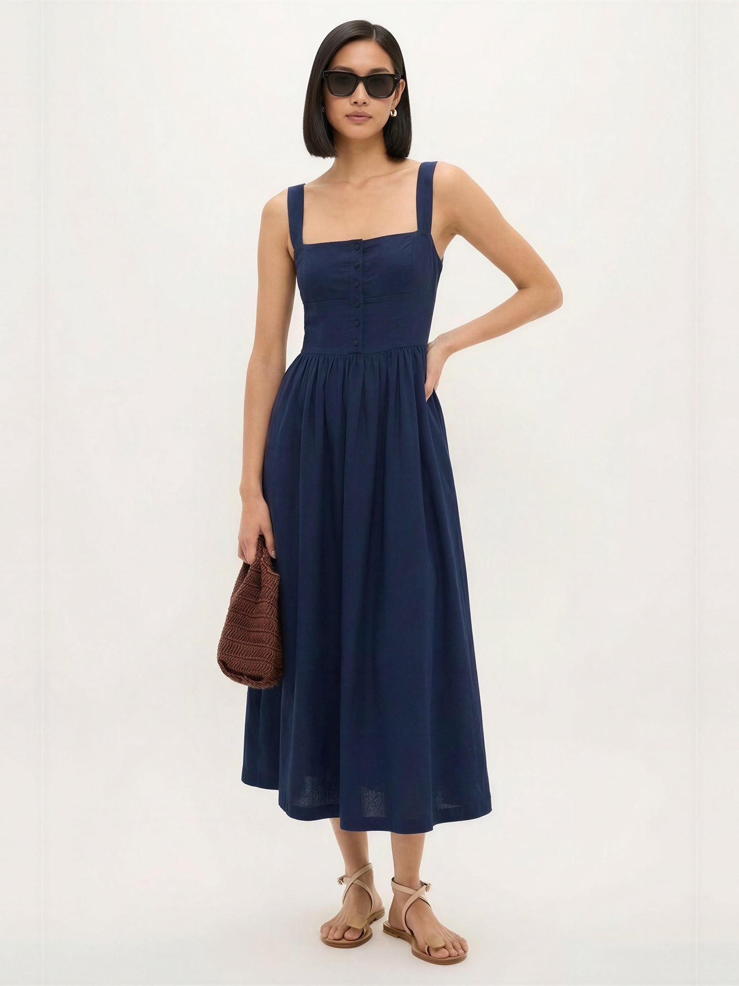 Square Neck Fit And Flare Midi Dress - SMALL / BLUE - NAVY Square Neck Fit And Flare Midi Dress - SMALL / BLUE - NAVY