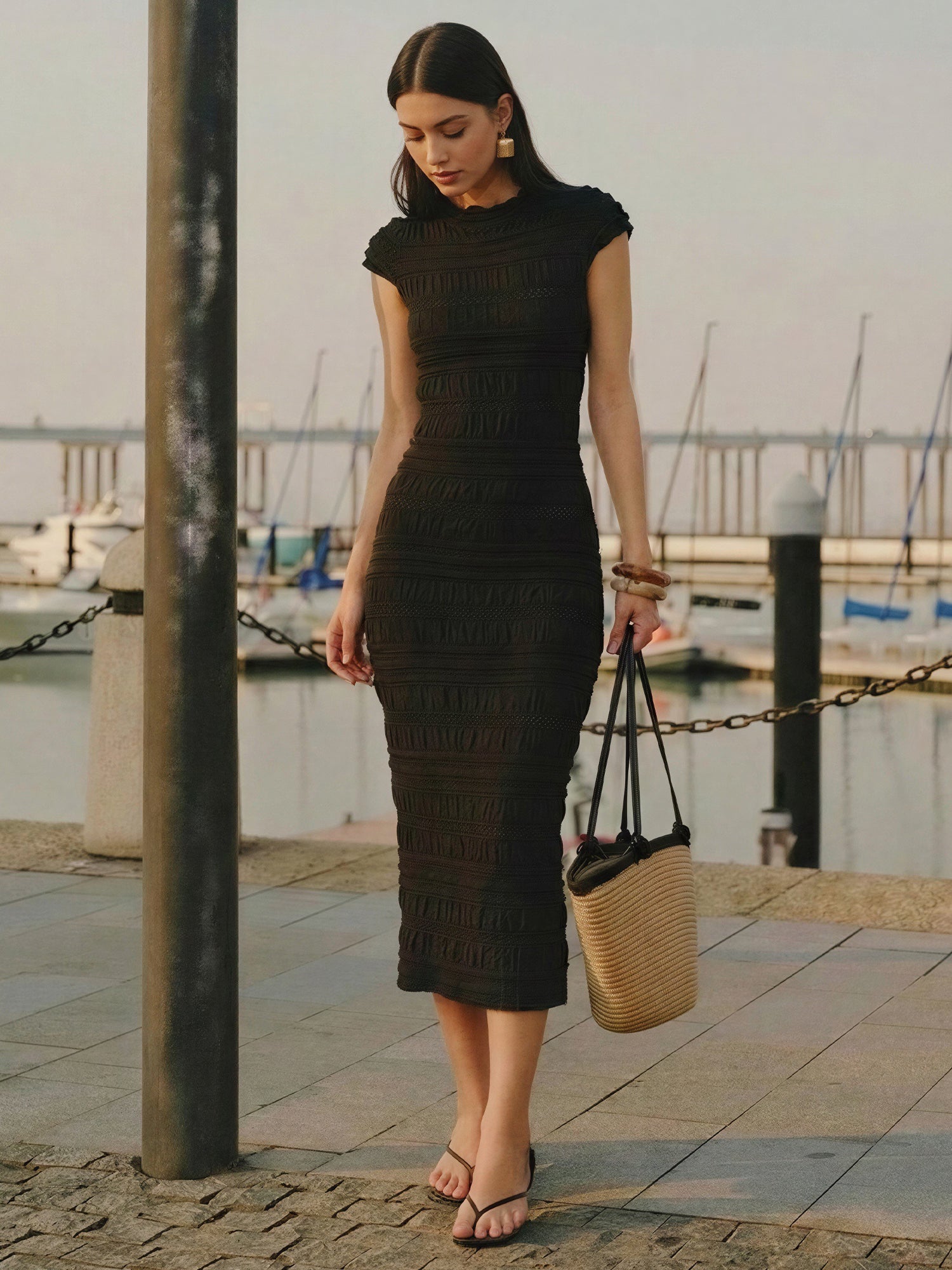Delicate Ruffled Cap Sleeves Textured Knit Bodycon Dress - SMALL / BLACK