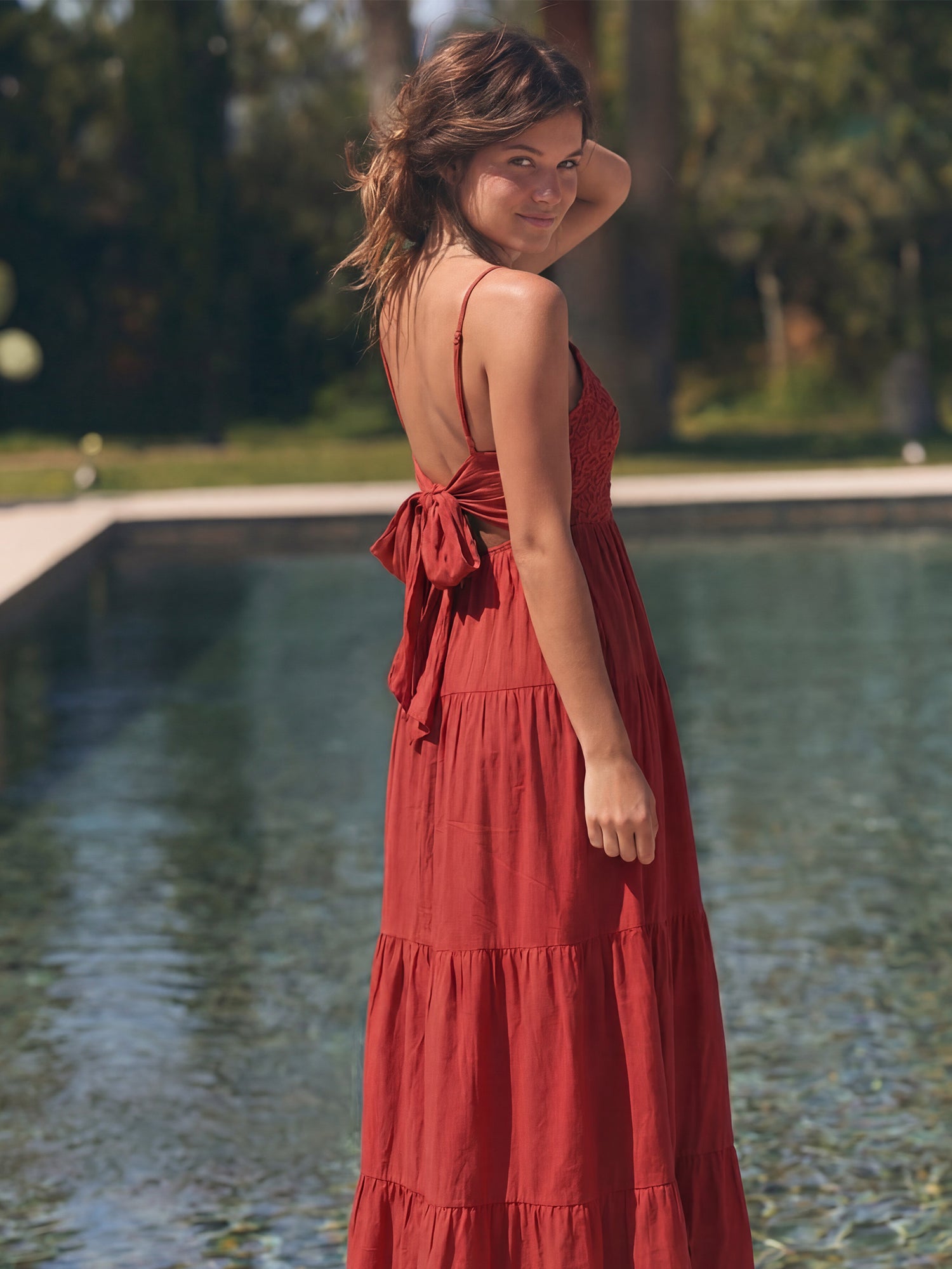 Sleeveless Lace Bodice Tiered Cotton Maxi Dress - MEDIUM / RED