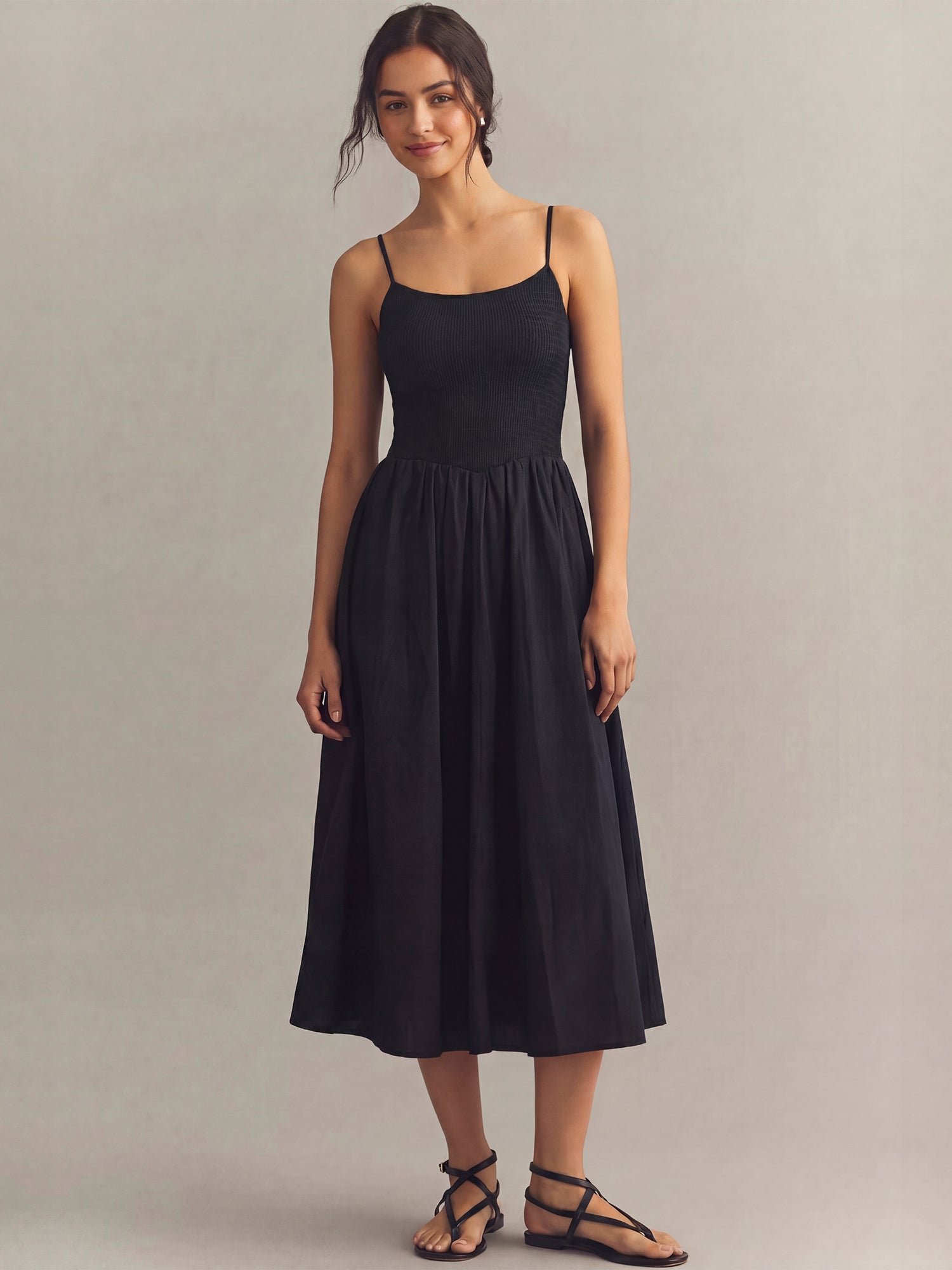 cotton midi sun dress Sleeveless Ruched Bodice Cotton Poplin Midi Sun Dress - SMALL / BLUE