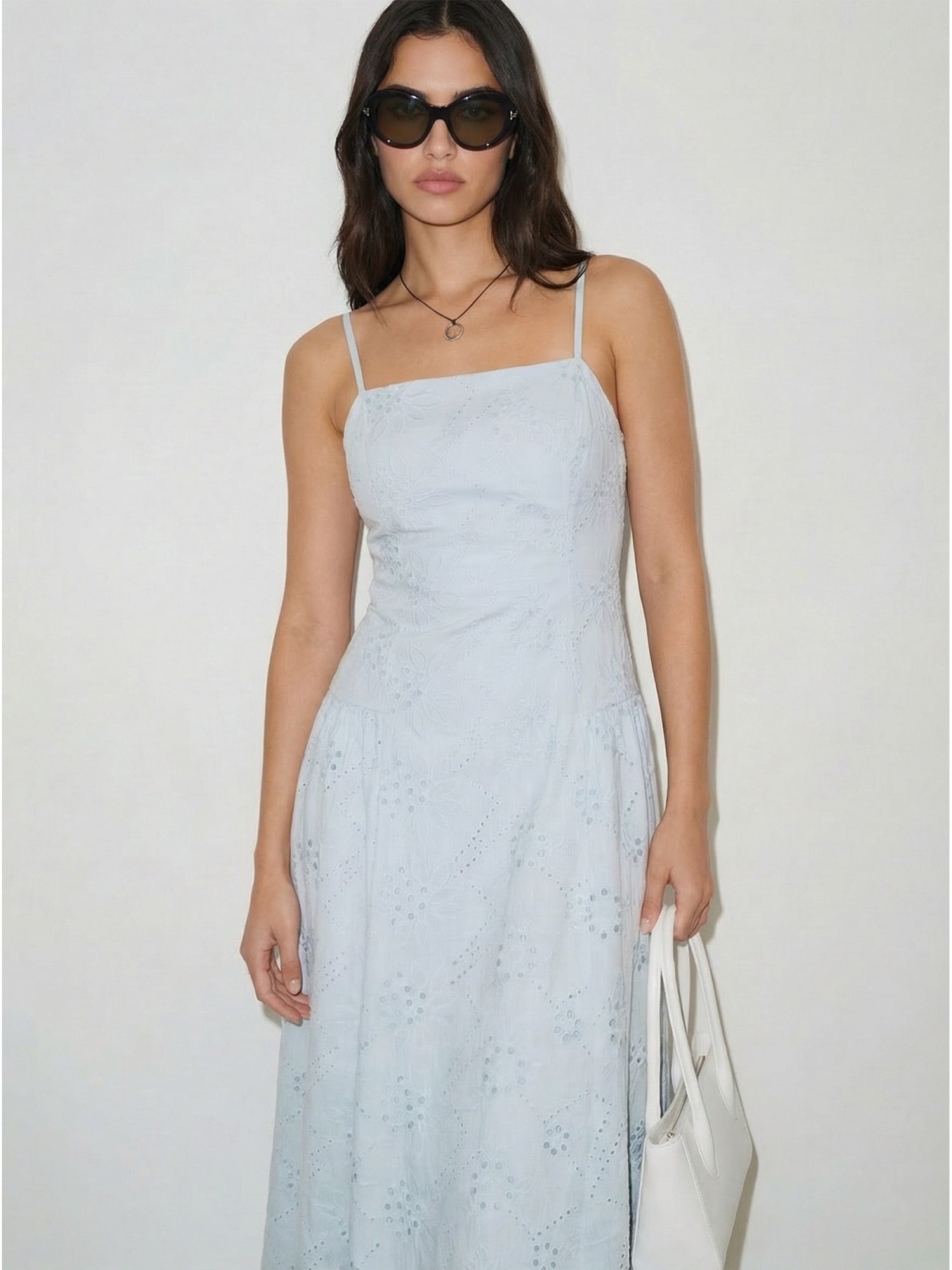 Sleeveless Drop Waist Eyelet A Line Midi Dress - LARGE / BLUE - LIGHT BLUE Sleeveless Drop Waist Eyelet A Line Midi Dress - LARGE / BLUE - LIGHT BLUE