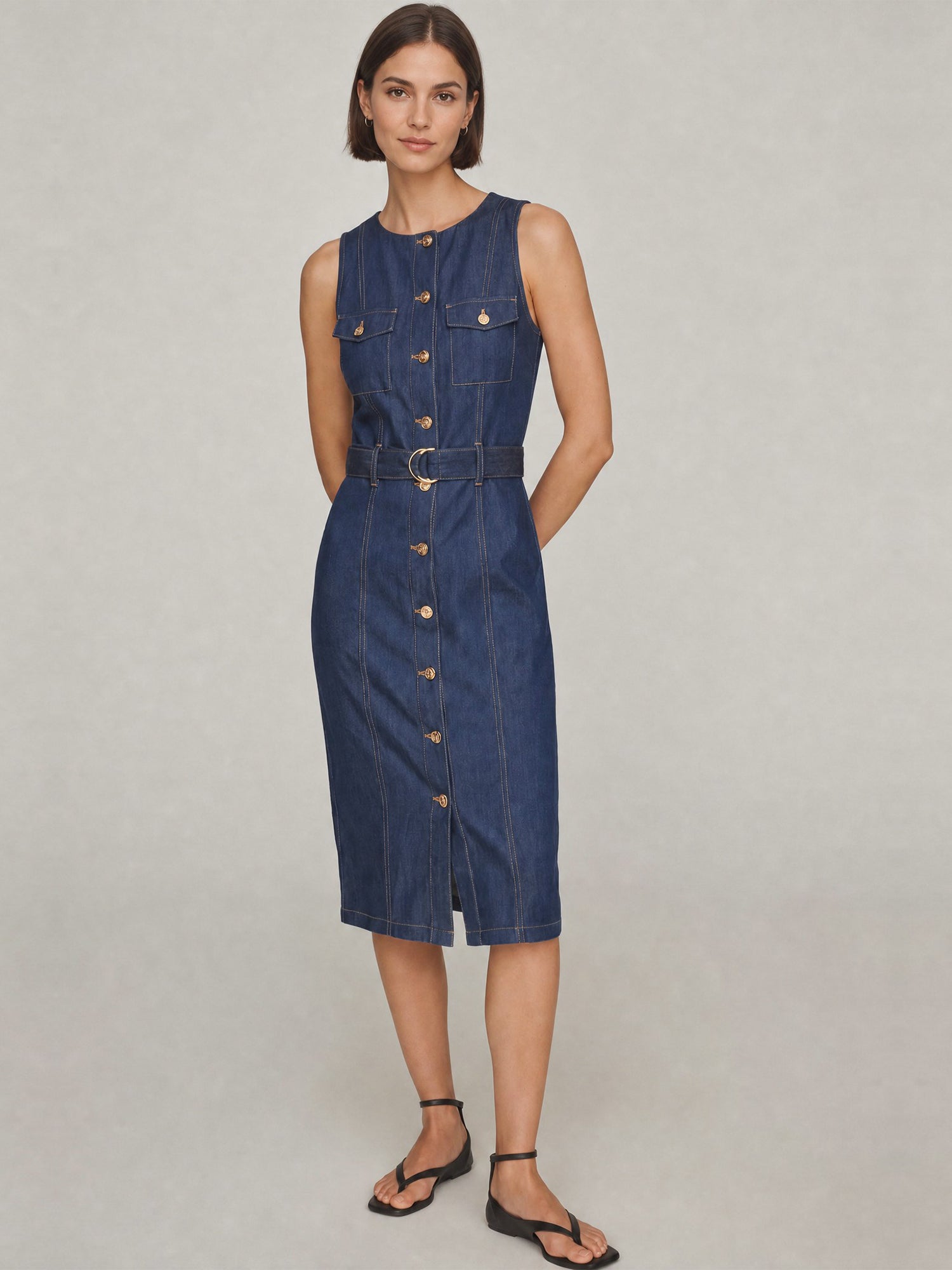 Sleeveless Button-Down Stretch Sheath Midi Dress - SMALL / BLUE