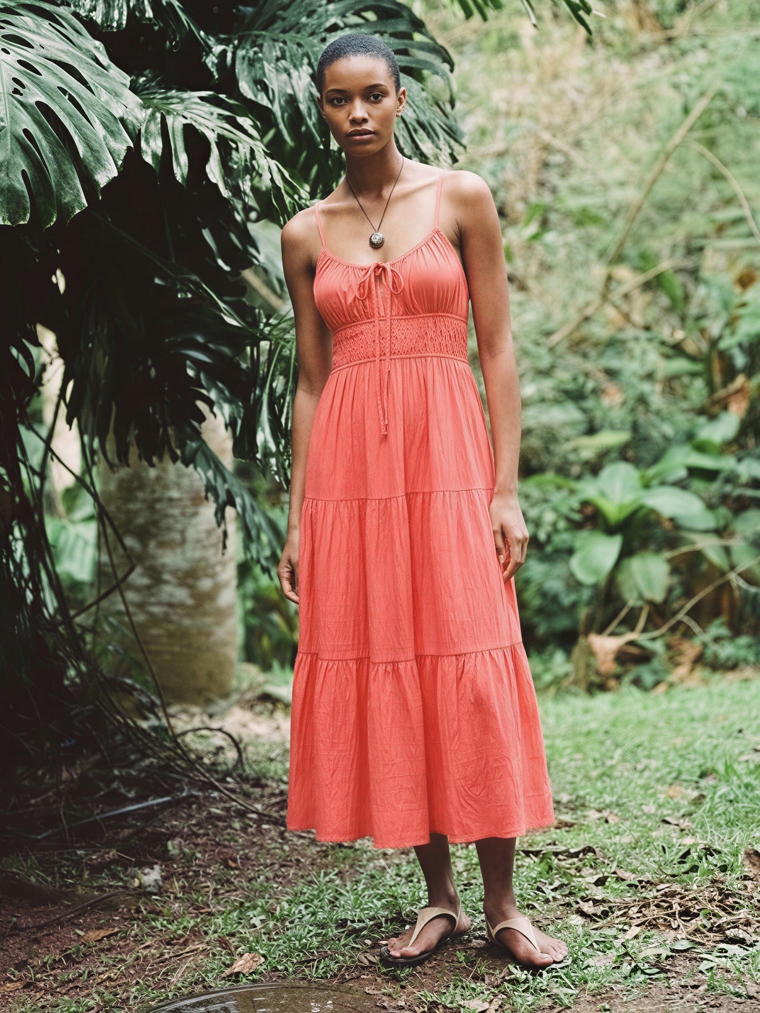 Sleeveless Tiered Midi Dress - SMALL / ORANGE