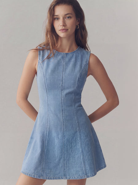 denim dress new york and company Sleeveless Fit Flare Mini - LARGE / BLUE Size:9 Months Finished with sophisticated tailored wedding separate outfit Blue Wedding Dress, Long Spaghetti straps