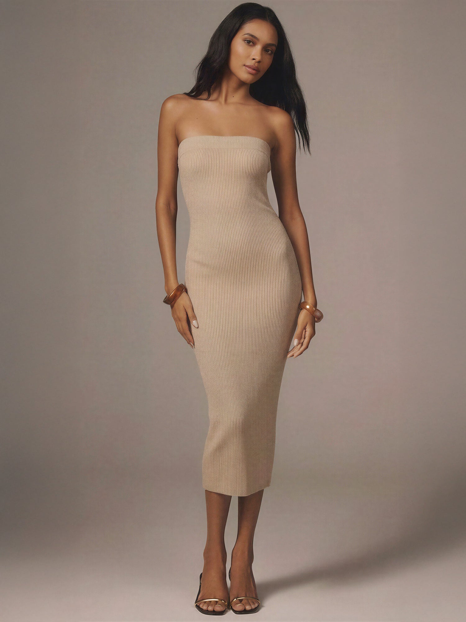 Strapless Glitter Knit Bodycon Midi Dress - LARGE / Black