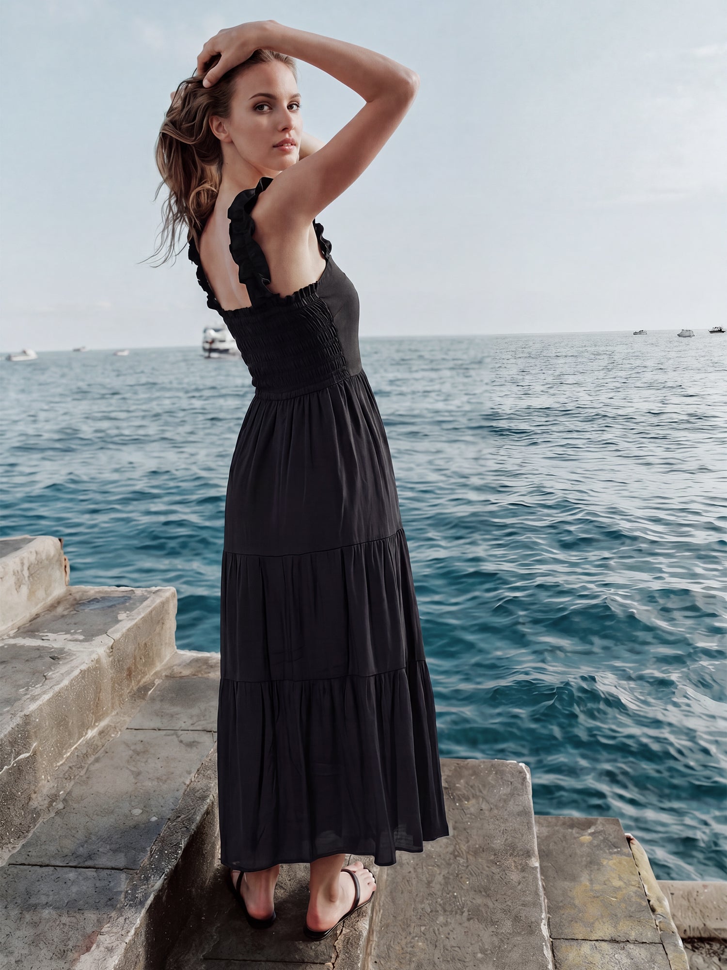 Sleeveless Tiered Gauze Nap A-Line Maxi Sun Dress - SMALL / Black - Black