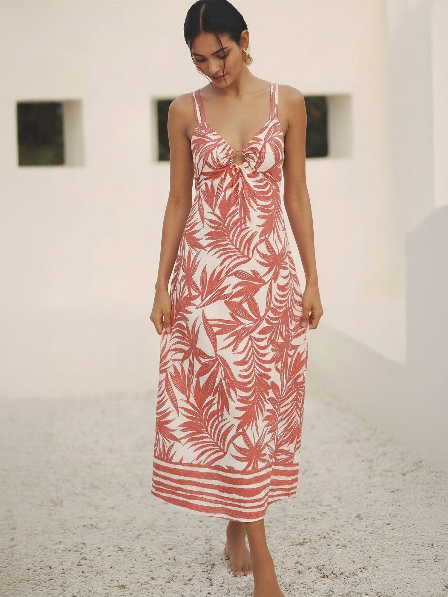 Tropical Leaf Print Back Tie Maxi Dress - SMALL / BROWN